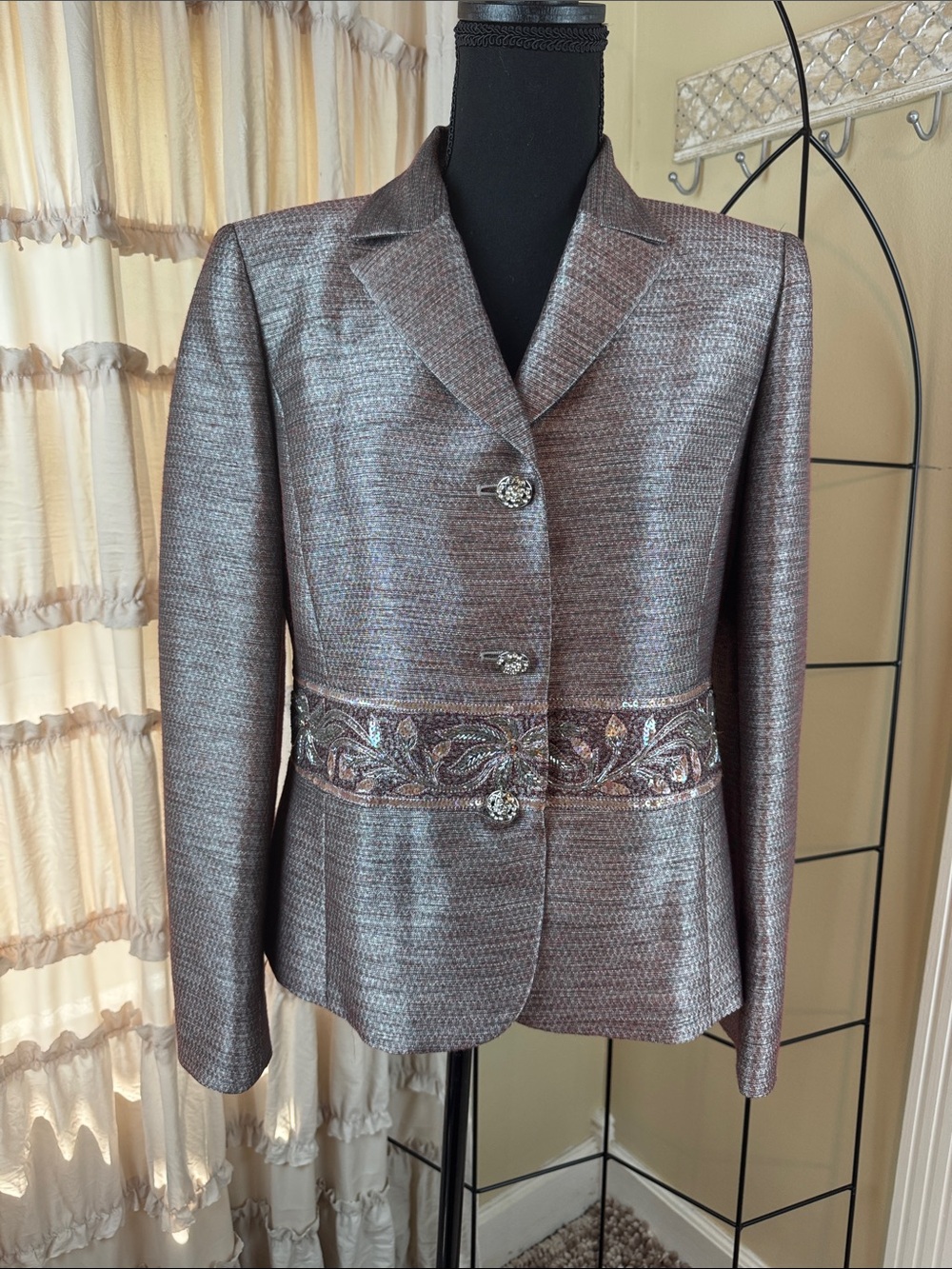Kasper Metallic Taupe Embellished Waist Blazer Size 8
